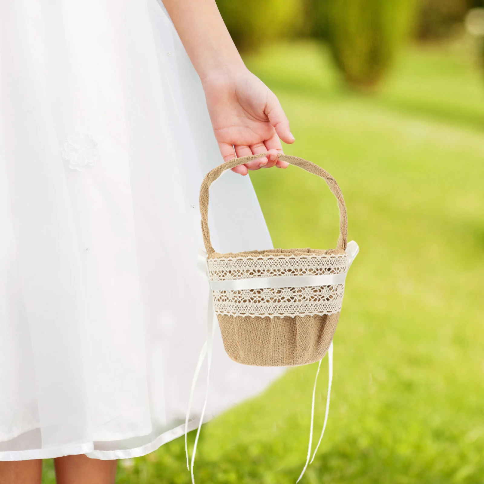 

Wedding Flower Girl Basket 125mm Top 95mm Bottom 23cm Height Brown White Satin PVC Burlap Lace Ribbon Decorated Storage