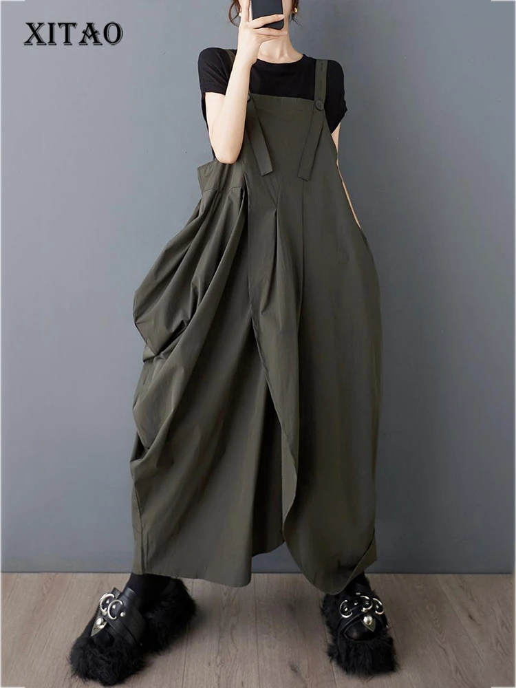 

XITAO Irregular Pleated Straps Dress Casual Solid Color Loose Fitting Slimming Sleeveless Simple Button Women Dress ZMY1061