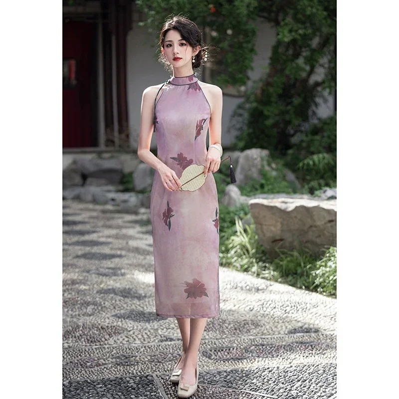 

Весна/Лето 2022, новое розовое платье Cheongsam с принтом, длинное стильное платье без рукавов, улучшенное платье Ципао с лямкой на шее для девочек