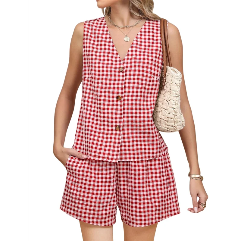 

Hot Kf-Women's Summer Two Piece Sets Vacation Outfits Matching Short Sets Linen Gingham Vest And Shorts