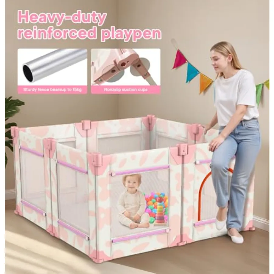 روضة أطفال، قلم لعب 50 × 50 بوصة للأطفال الرضع والأطفال الصغار مع شبكة مسامية، لعب مع بوابة (زهور وردية، حصيرة غير متضمنة) #5