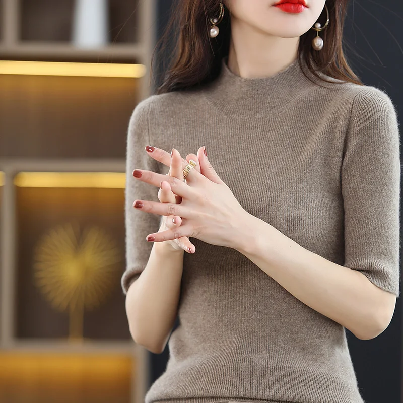 Mới Nửa Cao Cổ Cashmere Áo Len Nữ Áo Thun Cổ Tay Ngắn Áo Len Ngắn Tay Nữ