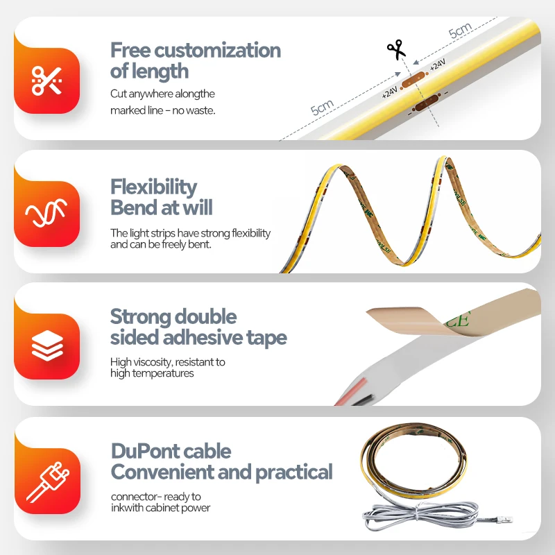 24V High Density COB LED Strip Light Kit with 2M DuPont Cable, No Soldering Required, Plug and Play for Cabinet and Shelf Lighti - view 3