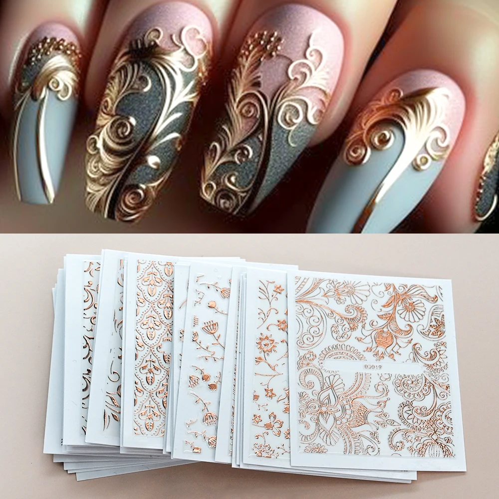 30pcs Gold Hollow Lace Flowers Nails Stickers Set Sexy Fishnet Mandala Pattern Nail Slider Decals DIY Manicure Charm Decorations