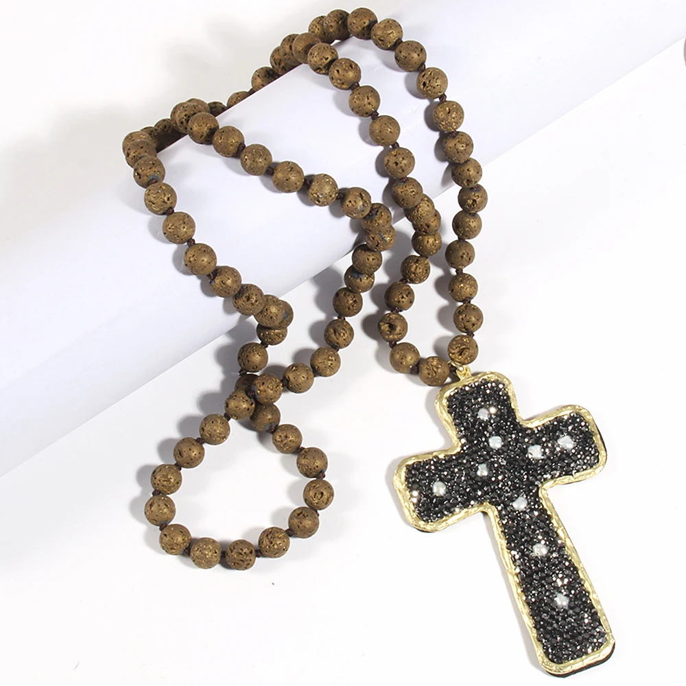 Fashion Bohemian Tribal Jewelry Lava Stone Long Knotted Nacklace Paved Pearl decoration Cross Pendant Necklaces