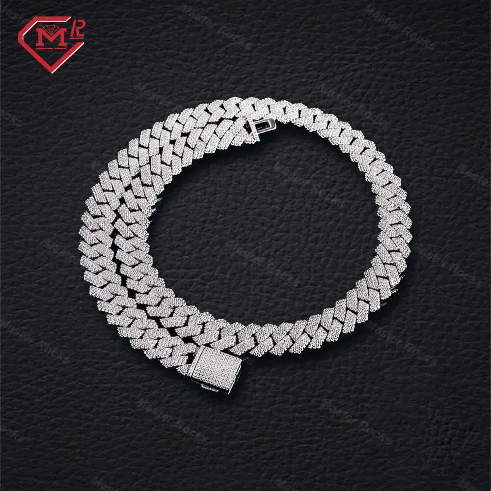 

Hiphop 12mm Miami Cuban Chain 3 Row 925 Sterling Silver Iced Out Diamond Vvs Moissanite Cuban Link Chain