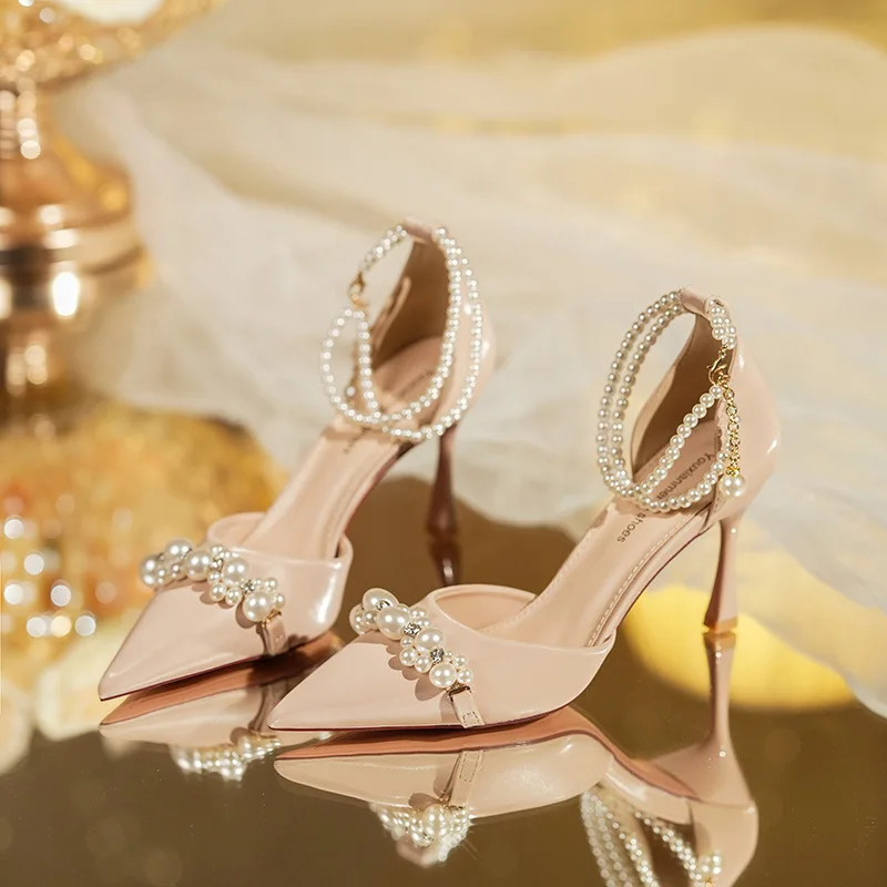 

French Style Pointy High Heels, Summer Celebrity Banquet Pearl Fairy with Skirt Ladies and Bridesmaids