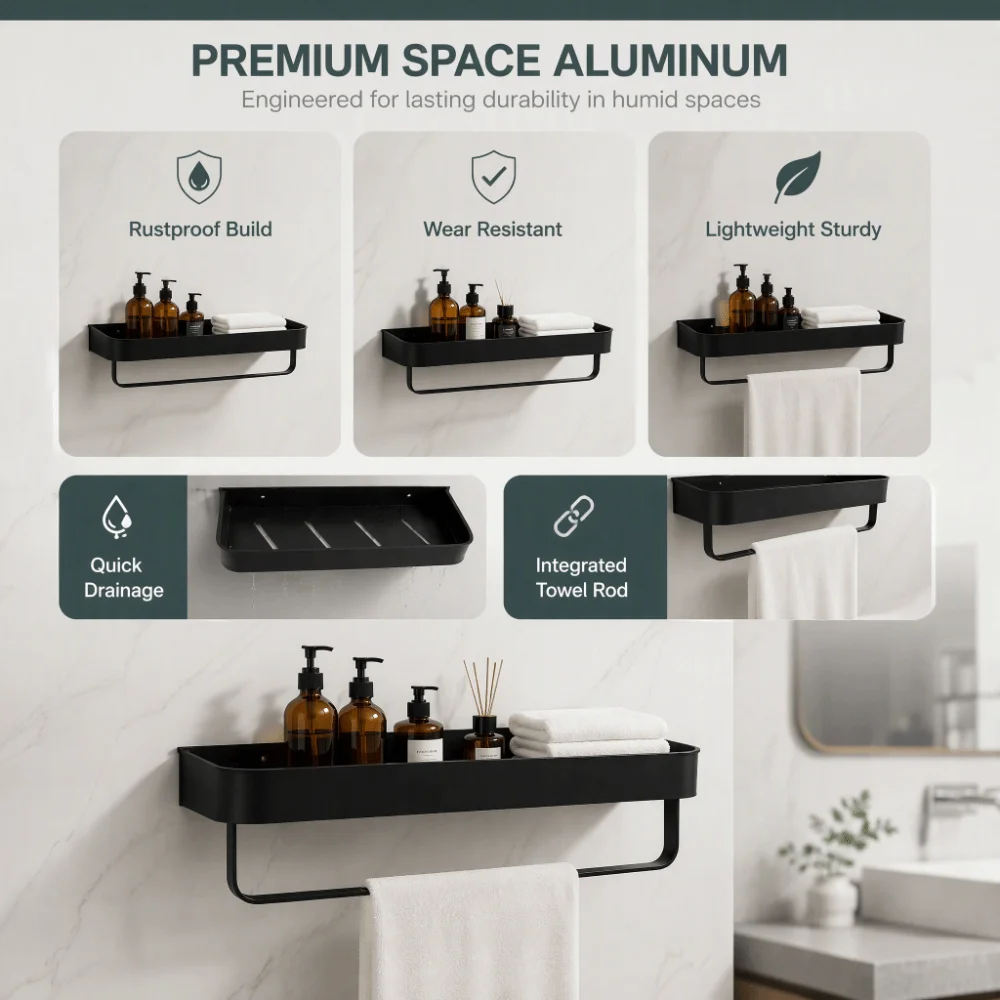 Multipurpose Aluminum Bathroom Shelf Wall Mounted Black Towel Rack Rustproof Open Bottom Design Storage Shelf Space Saving