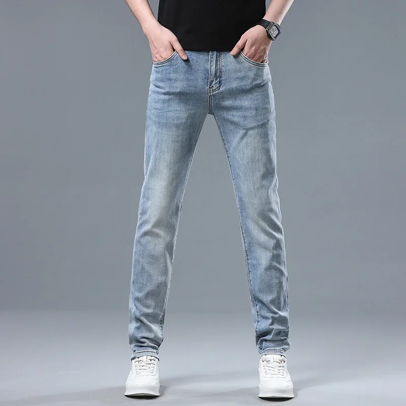 2024Summer new simple pure blue jeans men's Stretch Slim fit soft comfortable slim fit high-end and fashionable office trousers