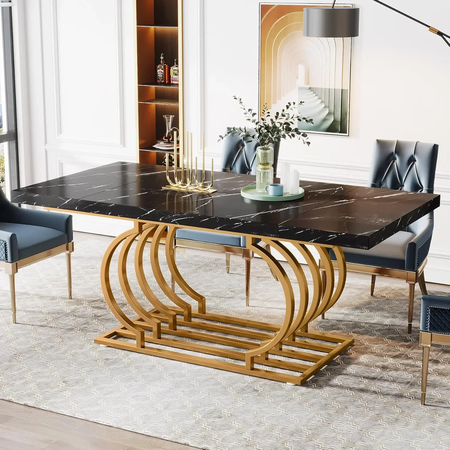 Modern Dining Table 63 inch Faux Marble Wood Kitchen Table for 6 People Rectangular Dinner Room Table with Geometric Frame for K