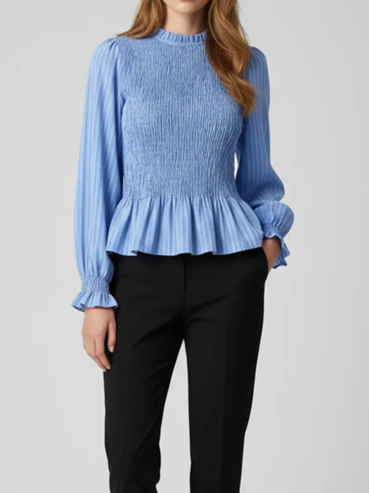 

Women's Trendy A-line Long Sleeve Shirt Elegant Striped Ruffle Gathers High Waist Blouse 2026 New Spring Holiday Travel Blouses