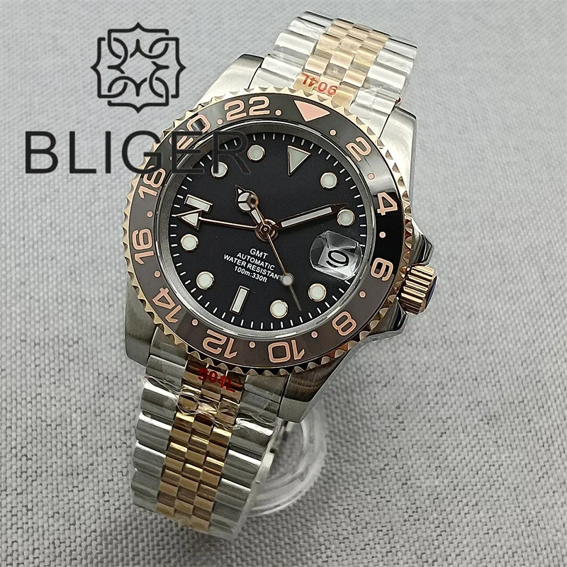 BLIGER 40mm Two-Tone Jubilee Bracelet NH34 GMT Watch For Men Bidirectional Rotation Case Sapphire Glass Ceramic Bezel Black Dial