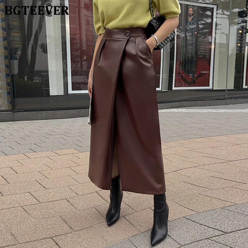 

BGTEEVER Fashion Chic Ladies Split PU Leather Skirts Autumn Winter Stylish High Waist Pockets Women Straight Leather Skirts