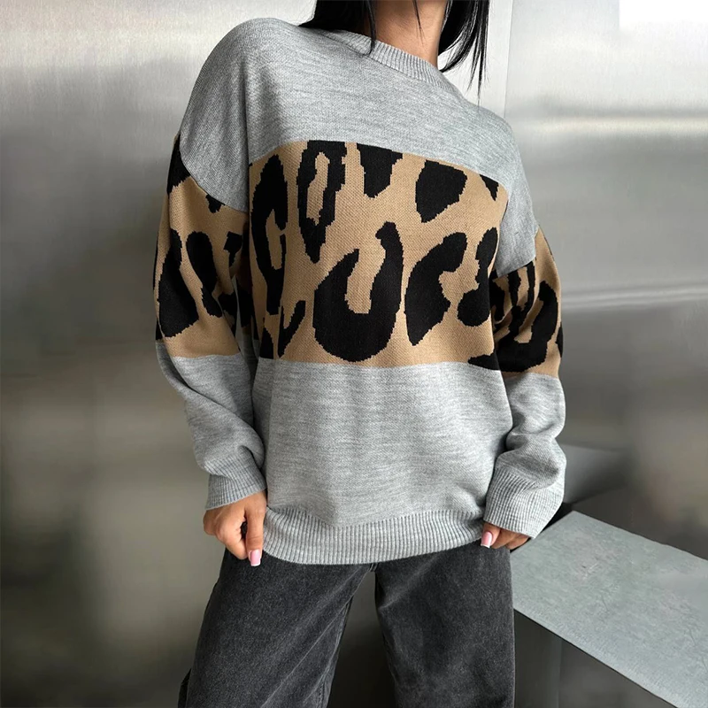 BKLD-Conjunto de Otoño Invierno para mujer, Tops Vintage de leopardo contrastante, jersey holgado con cuello redondo, suéteres informales gruesos y cálidos