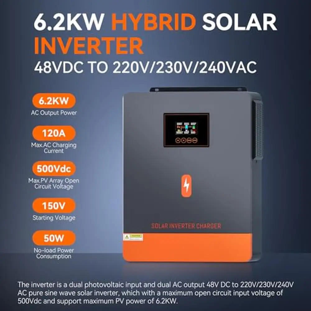 6200W Off-Grid Hybrid Solar Inverter 48V DC to 220-230VAC with 120A MPPT Charge Controller Pure Sine Wave Power Support Smart