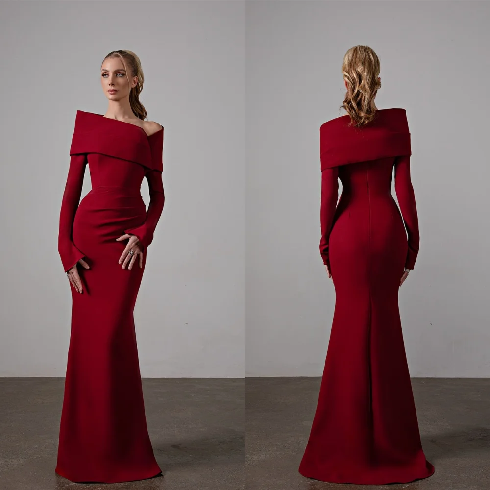 Customized Mermaid Exquisite Burgundy Jersey Evening Dress Classic Off the Shoulder Long Sleeves Homecoming Dresses Party Gowns image 2