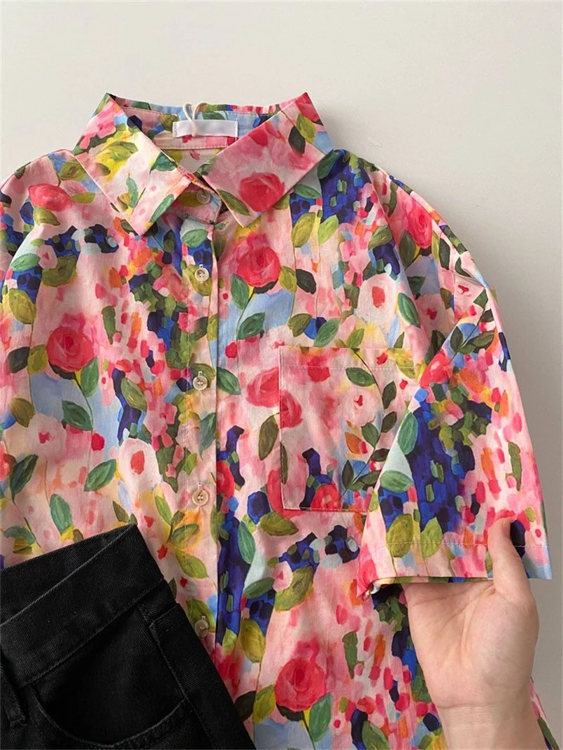 Hot Sale Womens Print Tops And Blouses Casual Loose Short Sleeve Shirts with Pocket Ladies Holiday Blusa Feminina Streetwear