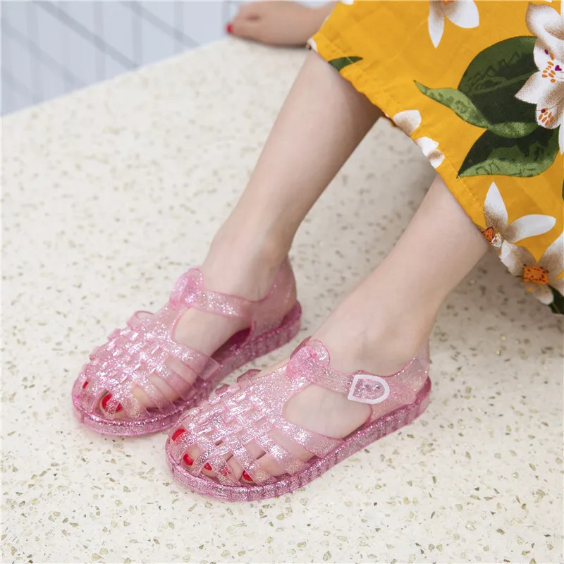 

Girls Summer New Big Kid Jelly Sandals Sequin Roman Closed Toe Beach Shoes Princess Kids Non Slip Soft Sole Cute Children Shoes