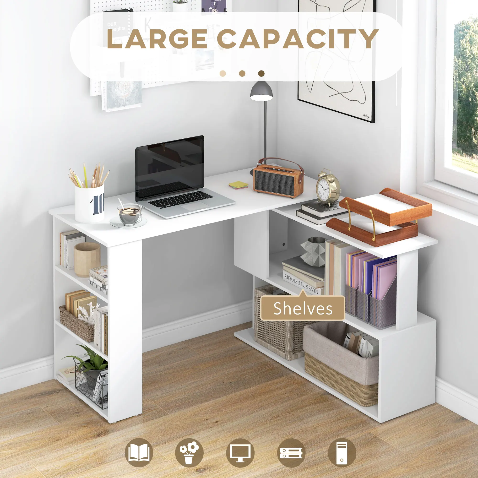 Homcom L Shaped Desk, Corner Computer Desk, 360 Degree Rotating Home Office Desk with Storage Shelves, Writing Table Workstation, White