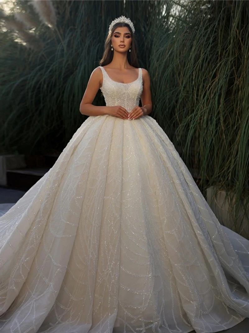 Vestidos de casamento personalizados, vestidos de noiva requintados para festa formal, gola redonda, sem mangas, apliques de renda, vestidos de novia 2025