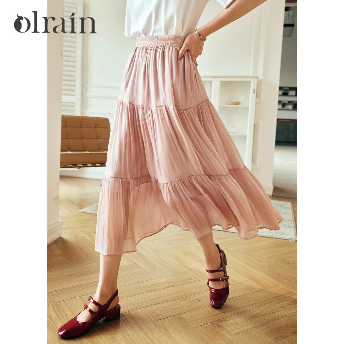 

OLrain Maxi Spliced Pleated Skirt Elegant 2025 Summer Sweet Style A-line Loose Skirts High-waist Long Female Skirt O23XB80892
