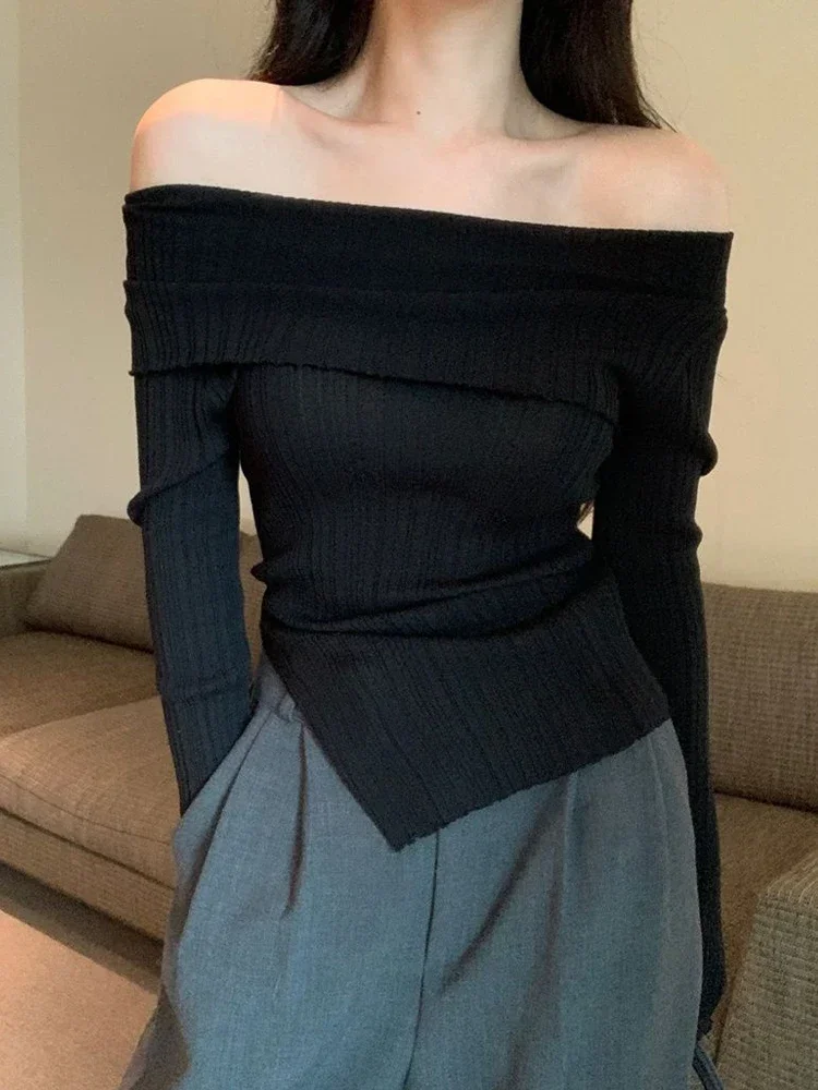 

Hawlife Korean Black Knitted Sweater Sexy Off Shoulder Slash Neck Pullover Long Sleeve Split Thin Knitwear 003