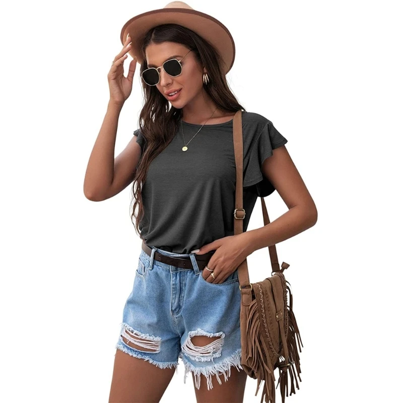 Women Summer Flutter Short Sleeve T-Shirt Casual Loose Crew Neck Plain Tunic Top