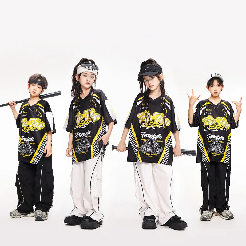 Ropa de Hip Hop para chico, camiseta con cuello en V y estampado negro, Top blanco, pantalones deportivos informales con bolsillo para niña y niño, Ropa de baile de Jazz, ropa de disfraz
