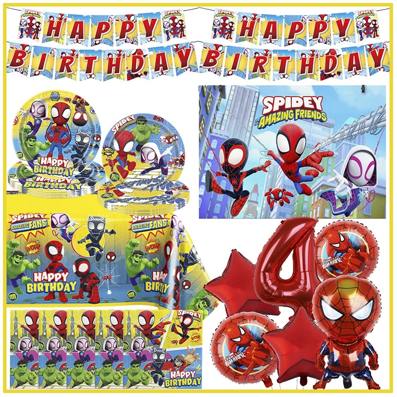 جديد سبايدي وأصدقائه المذهل بالونات حفلة عيد ميلاد سبايدي أكواب ورقية المناديل لوحات طقم تزيين لوازم الاطفال ديكورا