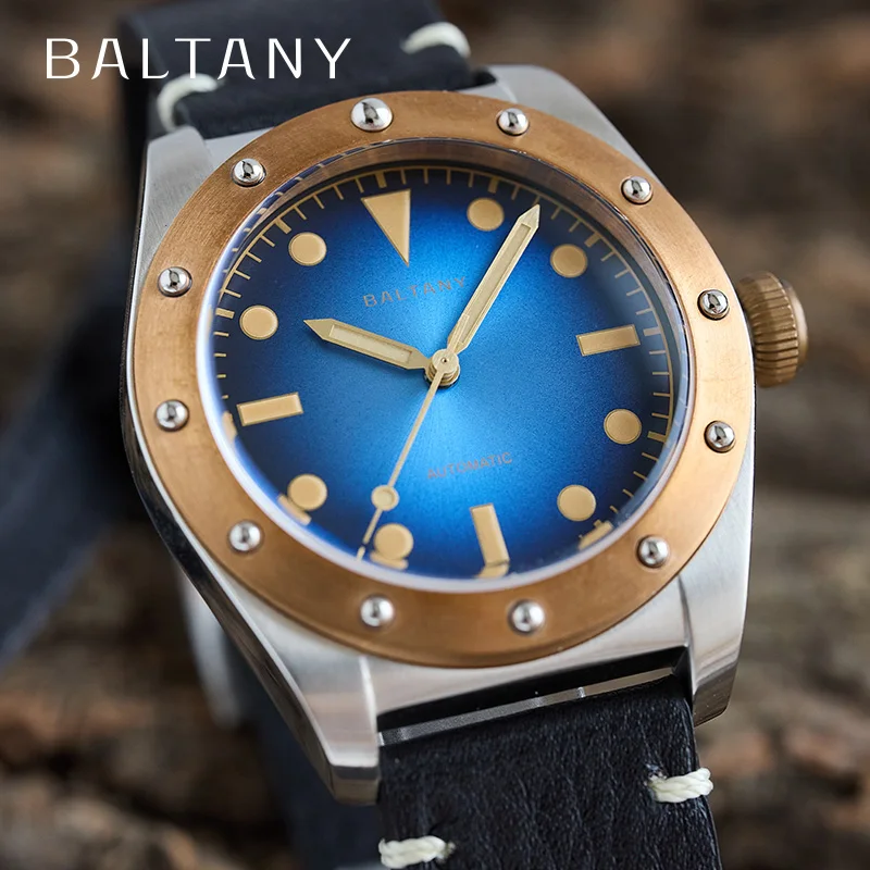 Baltany Vintage High End Bronze Watch NH38 Automatic Burgundy Dail Stainless Steel Leather Strap Luminous 20ATM Men Watches