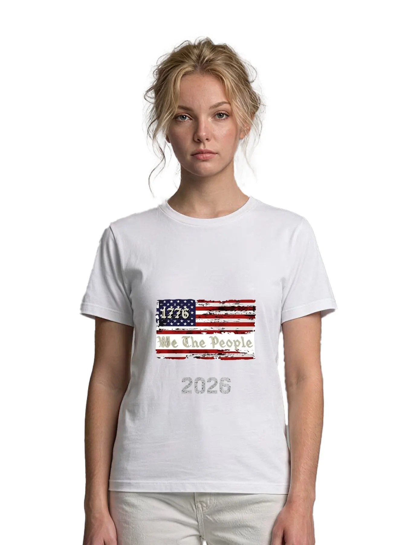 2026 V Neck T Shirt White American Flag 1776 We The People 250 Years 2026 Independence Day Celebration Patriotic Wear For Women Casual Outfits Summer Fashion