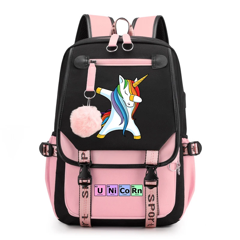 Unicorn Print Backpack para meninas, Campus Student School Bag, USB Travel Bag, Kids Gift