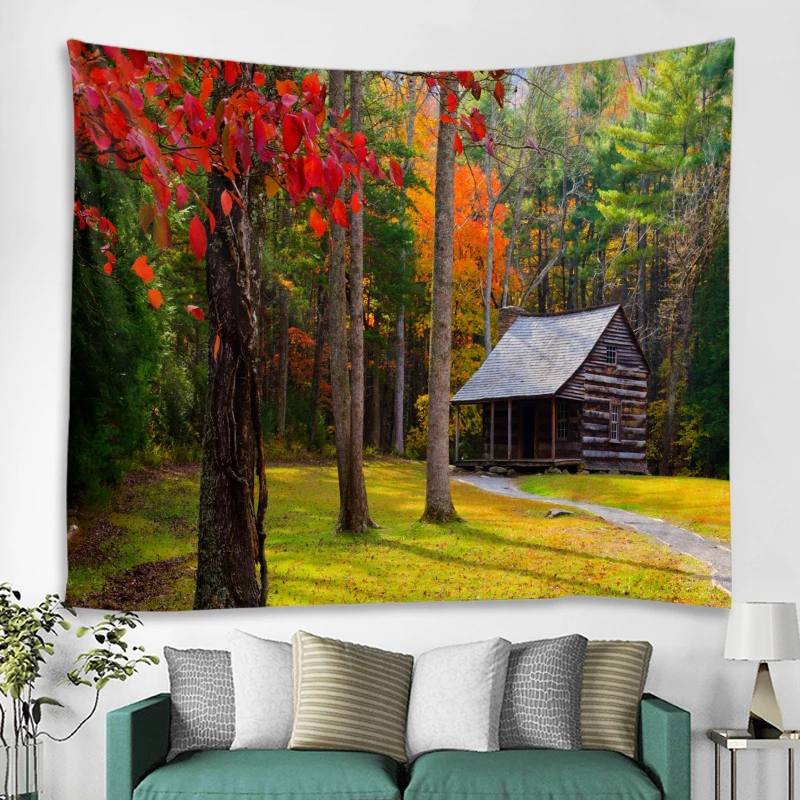 Forest cabin background tapestry curtain wall covering nordic boho hippie wall background decoration tapestry curtain bedroom li