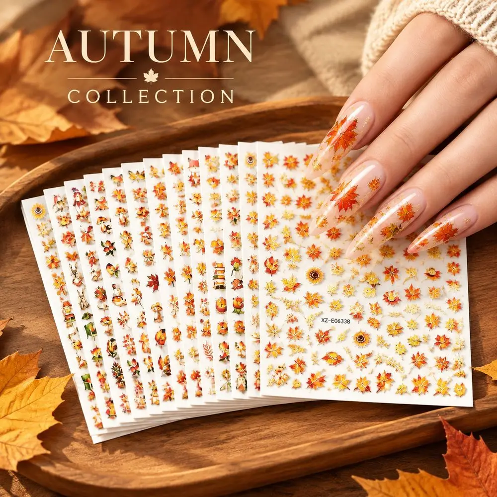12Pcs Glamorous Nail Wraps Gold Maple Leaf Sunflower Mushroom Autumn Fall Foil Self Adhesive Decals Nail Wraps Art Supplies Kit
