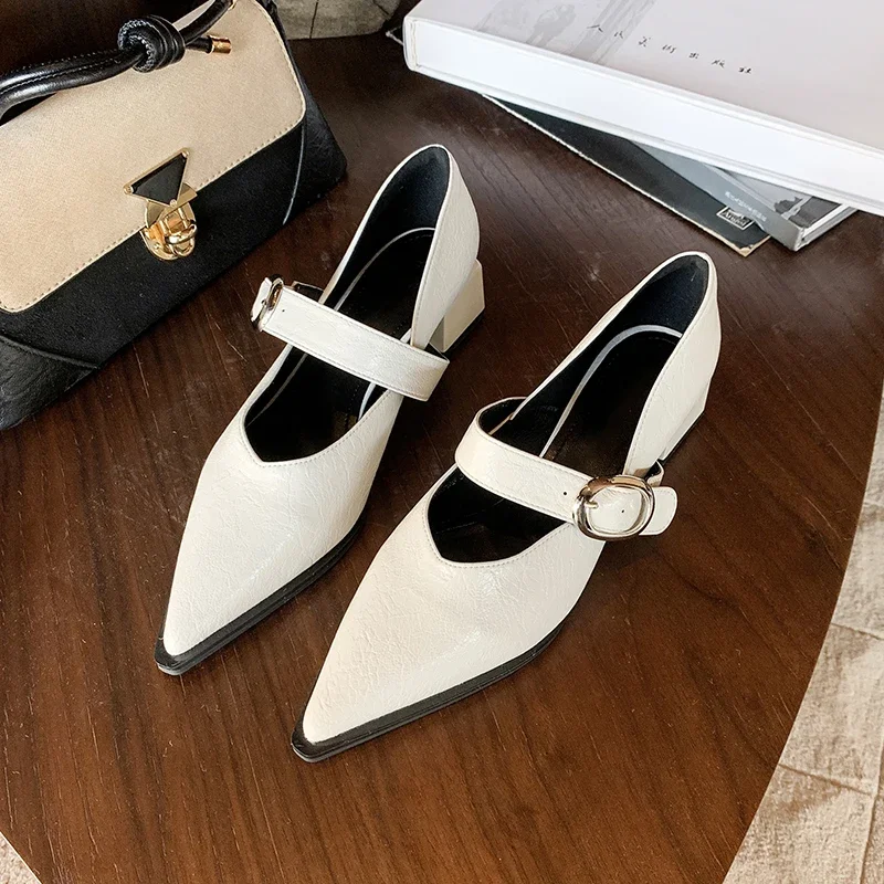 women's sheepskin Mary Jane flats pointed toe metal buckle high quality soft comfortable elegant ladies slim shoe