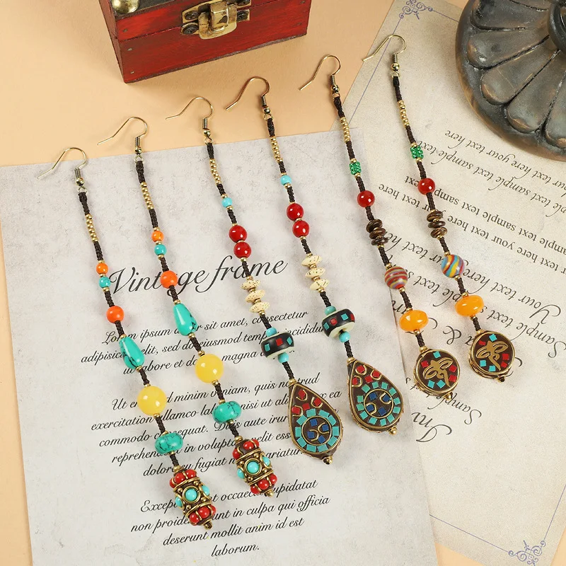 

Ethnic Nepalese Style Handcrafted Long Earrings for Women Retro Woven Tibetan Exotic Tassel Gemstone Bead Pendant Earing Jewelry