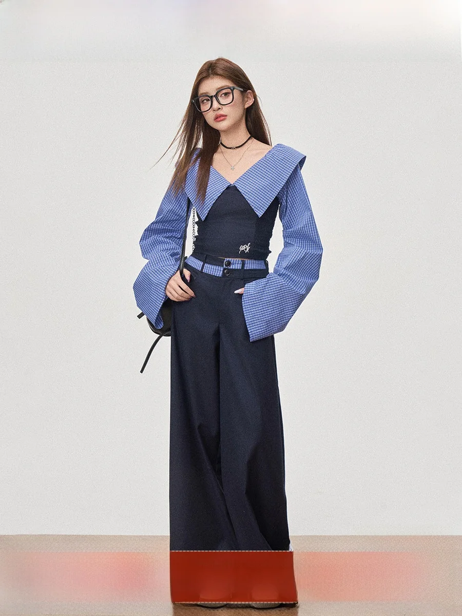

Slim Fit Striped irt One oulder Design Wide Leg Casual Pants College Sle Cotton Long Sve Women's ort irt