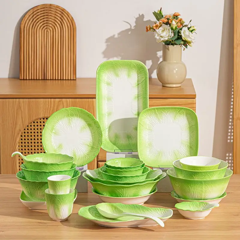 Cabbage Underglaze Colored Tableware Set,Combination of Ceramic Bowls Plates and Dishes,Symbolizing Wealth Prosperity Ornament