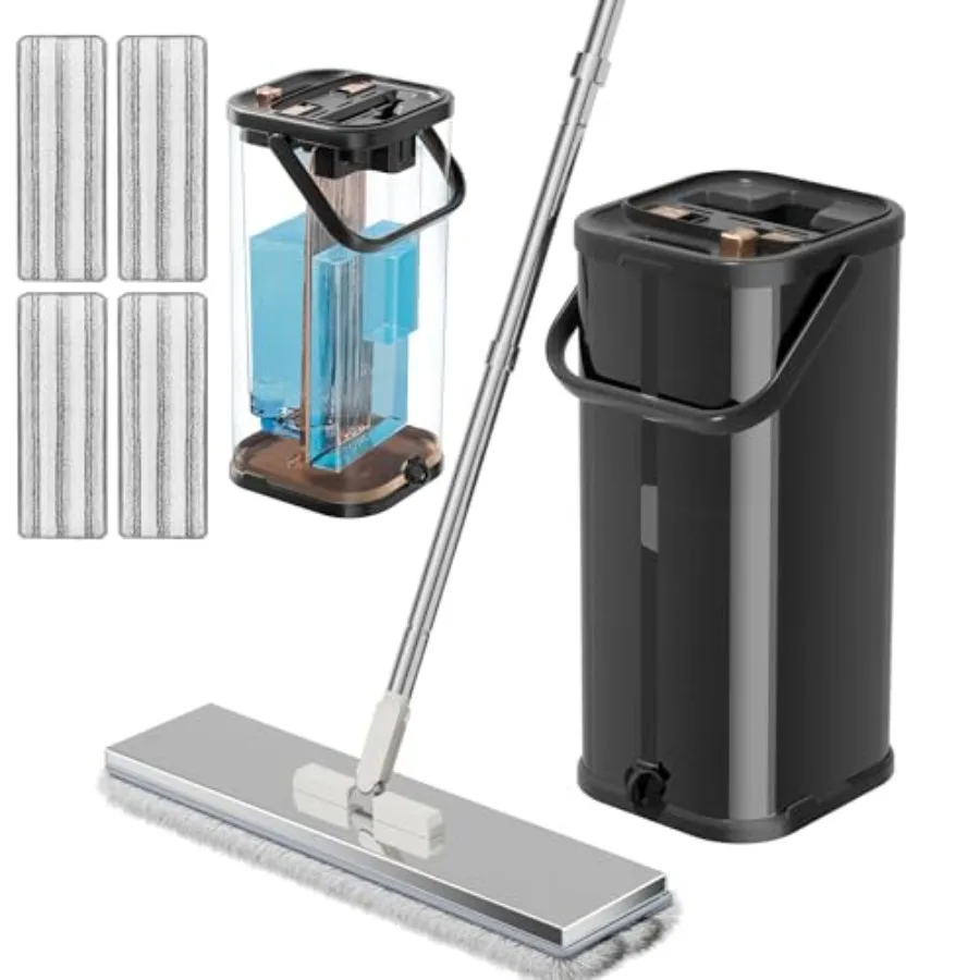 

Separates Dirty Water Mop Flat Mop and Bucket for Home with 4 Extra Refills Stainless Steel Mop and Bucket with Wringer Black