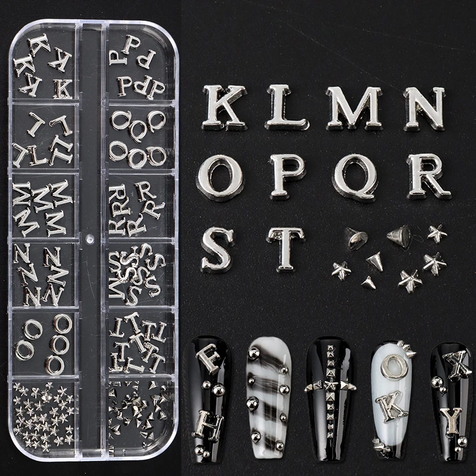 Sparkling letter bead Nail Charm - Slivery Alloy Alphabet & Number Nail Art Accessories for Women Y2K Sparkling Rhinestone Charm