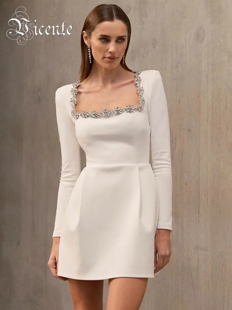 VC Elegant Dresses For Women Square Collar Long Sleeves Short A-Line Slim White Wedding Party Gown Fashion 2024