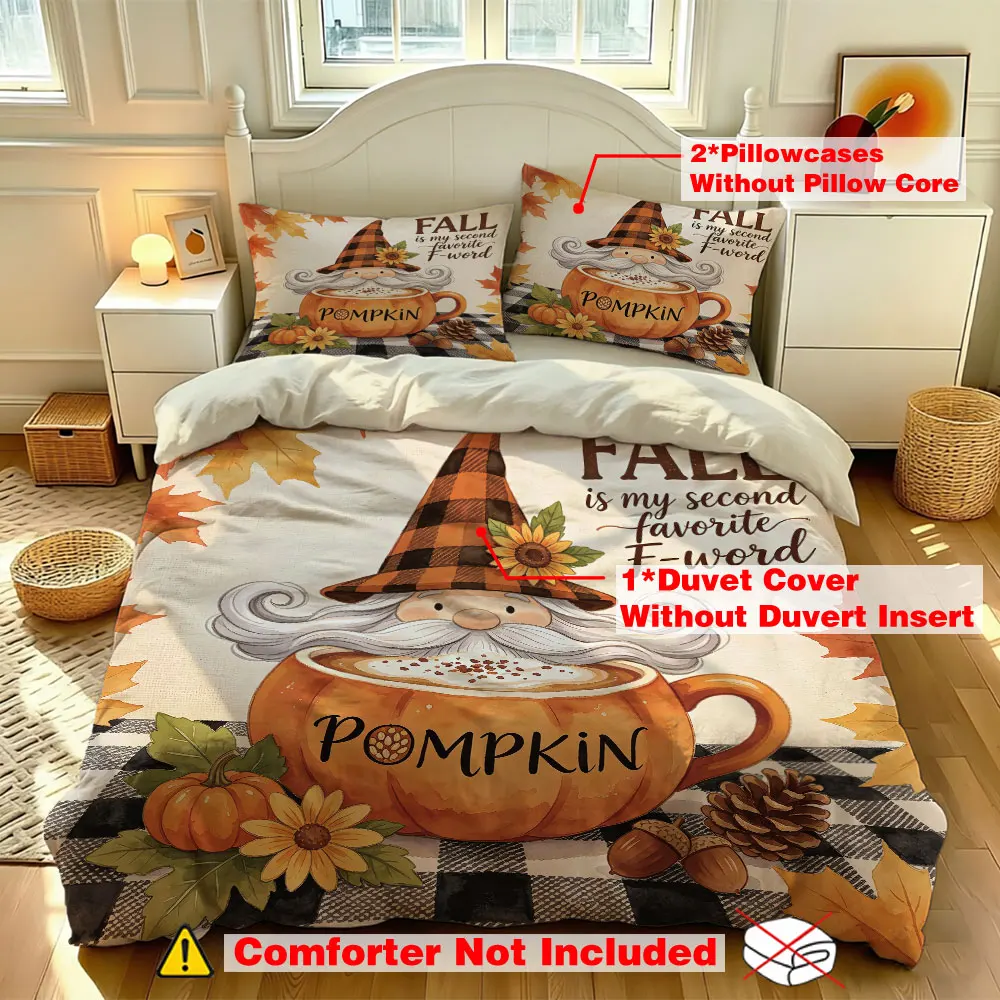 3pcs(1 duvet cover + 2 pillowcases, coreless)featuring a Fall pumpkin cup plaid pattern, a dwarf decorative multiple sizes