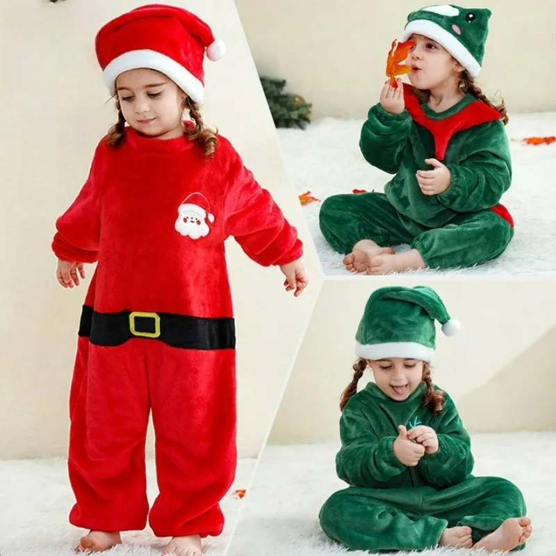 

Boy Girl Christmas Santa Claus Cosplay Costume Flannel Cute Overall Bodysuits Jumpsuit Home Sleeping Wear Outfit New Years