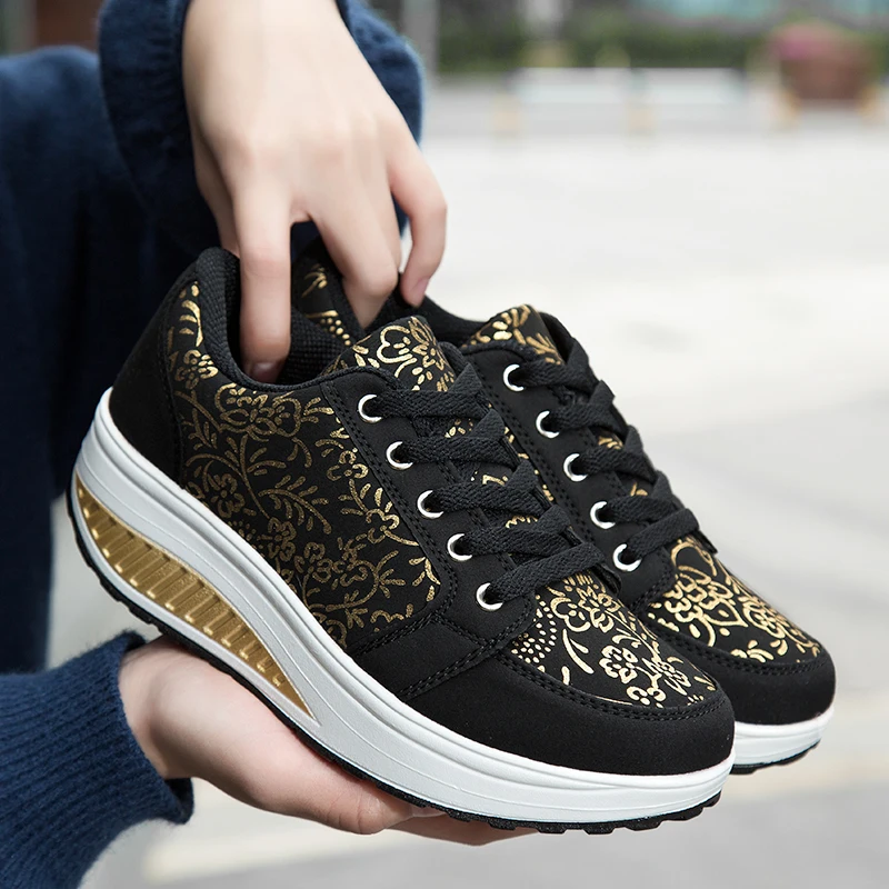 Women Casual Walking Shoes Fashion Sports Shoes Comfortable Wedge Heel Thick Sole Jogging Sneakers Lace-up Toning Shoes