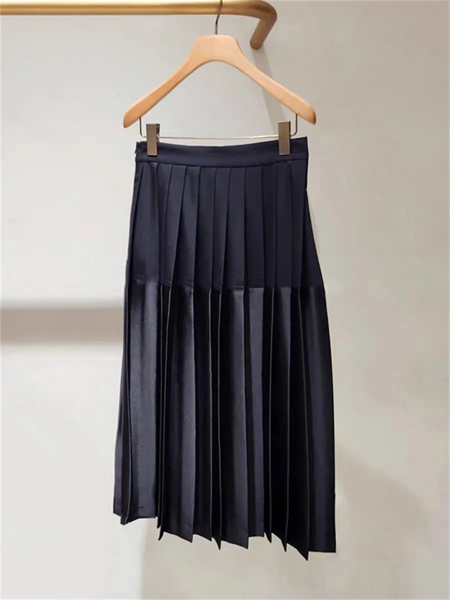 Dark Blue Women High Waist Midi Skirt 2025 Autumn New A-Line Zipper Pleated Fashion Casual Ladies All-Match Jupe