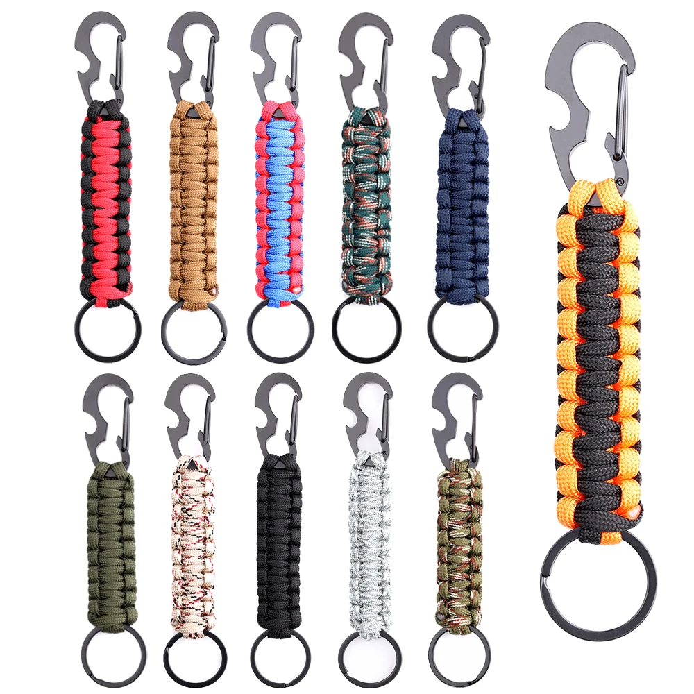 Outdoor Paracord Keychain Ring Camping Carabiner Military Braided Cord Rope Survival Kit Emergency Knot Bottle Opener Tools