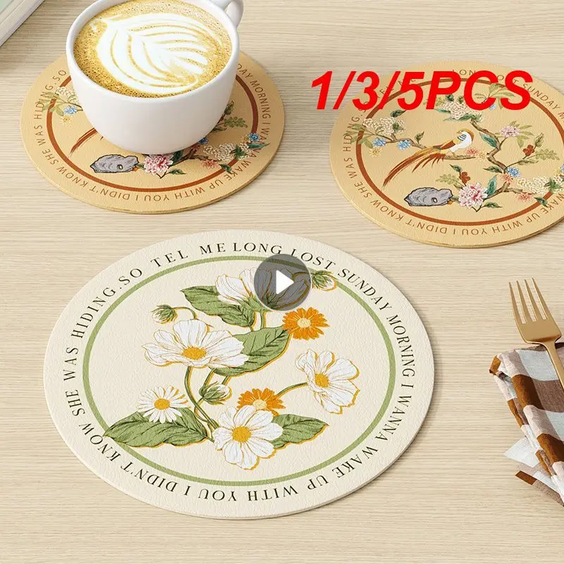 1/3/5PCS Pvc Leather Bowl Mat Flowers Pattern Mat Coffee Table Wash-free Meal Mat Waterproof Kitchen Accessories Round