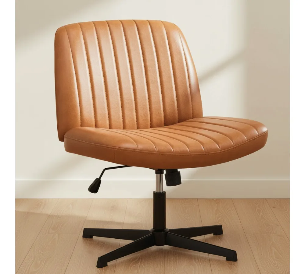 كرسي مكتب حديث بدون ذراعين مع 360 درجة °   دوار وارتفاع قابل للتعديل، مقاعد مهام من قماش جلد البولي يوريثان للمكتب المنزلي - بني