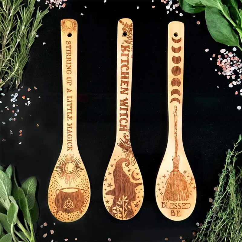 

3pcs Halloween Witchy Decorate Accessories Laser Engraved Bamboo Wooden Spoon Set Kitchen Witch Pagan Gift Home Baking Supplies