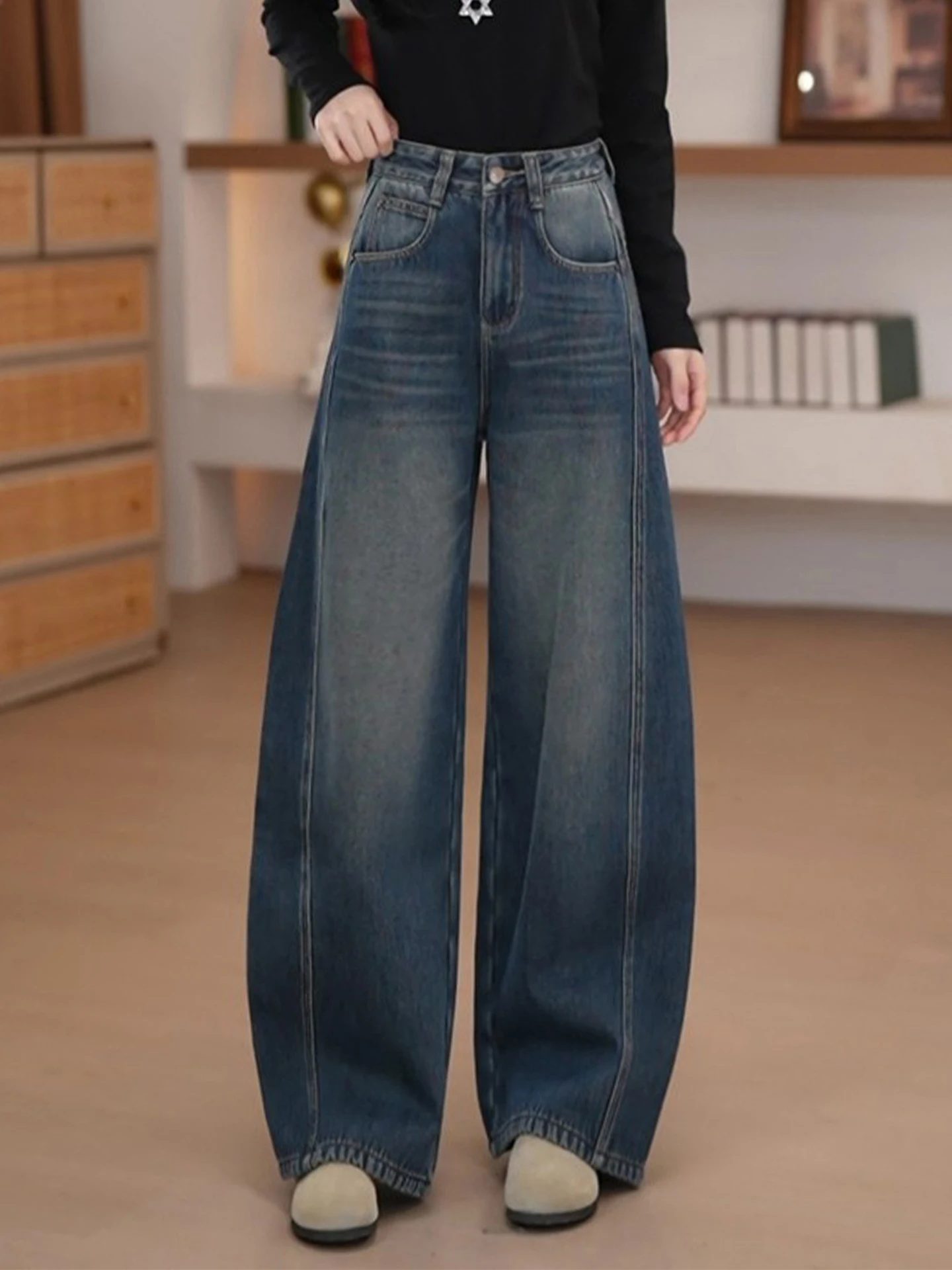 

Ретро джинсы с высокой талией, зауженные, с широкими штанинами, женские, весна-осень, новый стиль, красиво оформленные, из денима, с эффектом потертости